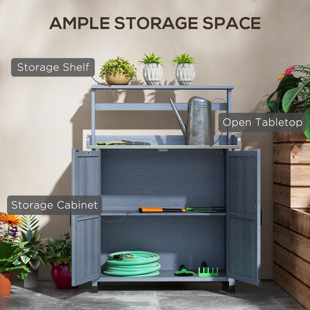 Outsunny Potting Bench, Outdoor Wooden Potting Table with Storage Cabinet with 2 Shelves, Garden Work Bench with Galvanized Plated Tabletop for Backyard, Balcony, Gray