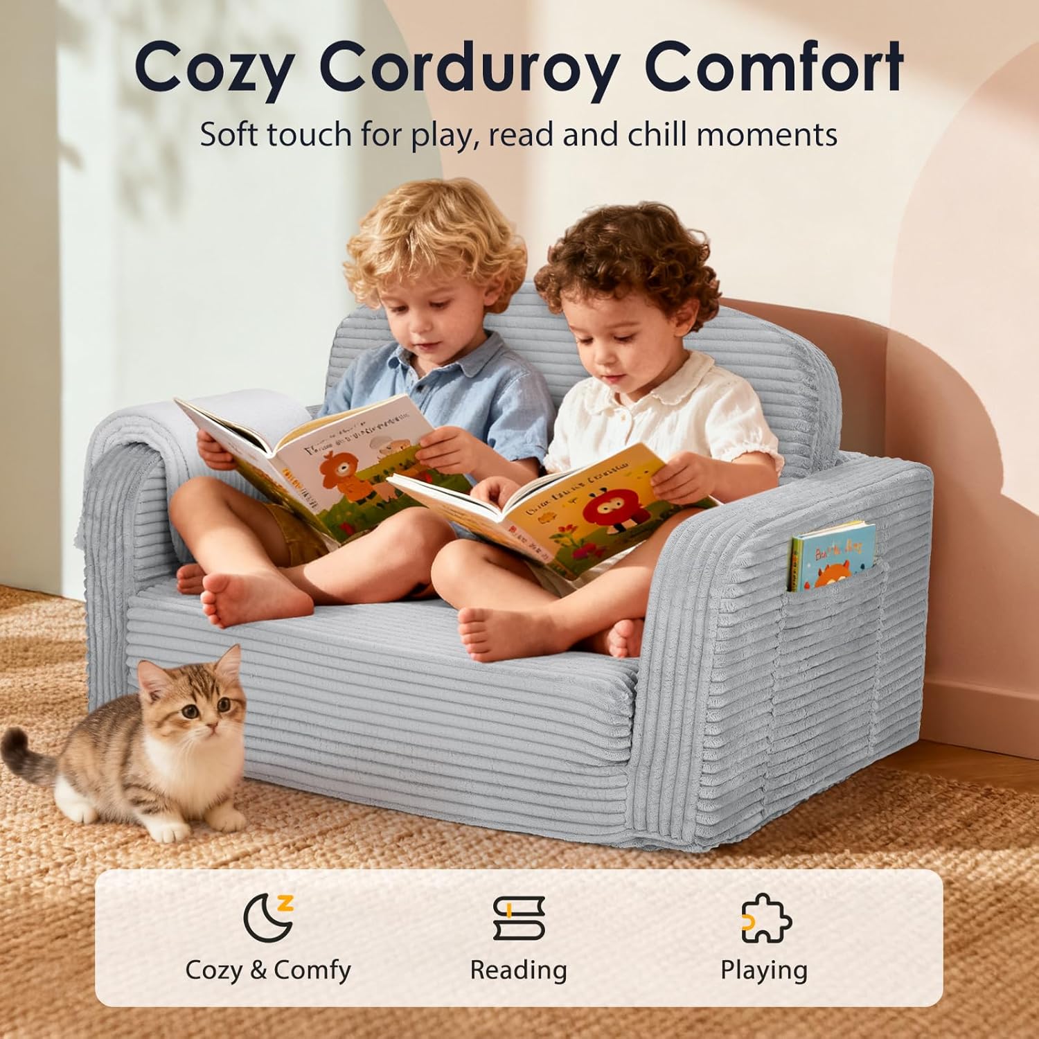 Foryoomi Extra Wide 2 in 1 Convertible Toddler Kids Couch - Corduroy Fold Out Kids Sofa Chair with Blanket, Comfy Comfortable Toddler Chair, Machine-Washable Cover, for Boys Girls, Grey