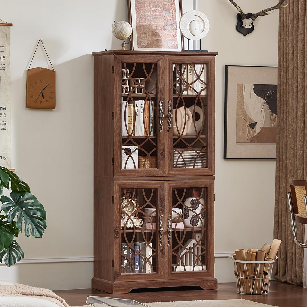 Joaxswe 67" Tall Pantry Cabinet, Wood Kitchen Pantries Cabinets with Glass Doors & Adjustable Shelves, Freestanding Vintage Cupboard with Large Storage for Dining Room, Bathroom, Brown