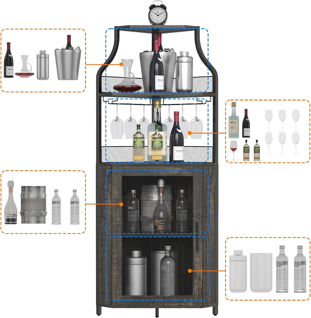 Corner Wine Bar Rack Cabinet with Detachable Wine Rack, Bar Cabinet with Glass Holder, Small Sideboard and Buffet Cabinet with Mesh Door (Dark Rustic Oak)