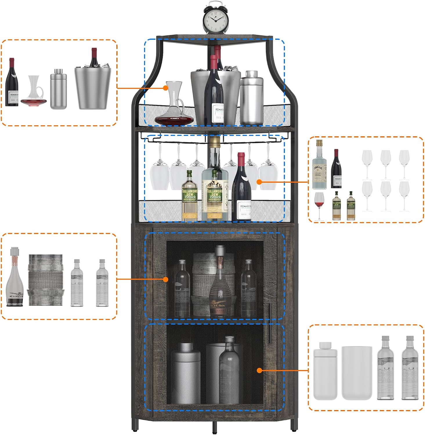 Corner Wine Bar Rack Cabinet with Detachable Wine Rack, Bar Cabinet with Glass Holder, Small Sideboard and Buffet Cabinet with Mesh Door (Dark Rustic Oak)