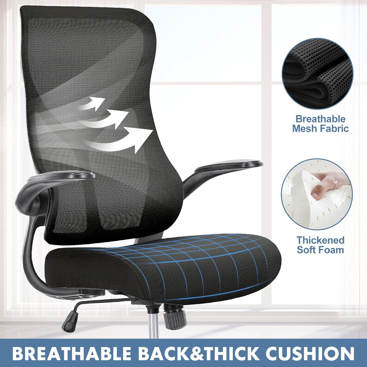 DUMOS Office Managerial Executive Chair with Ergonomic Design, High Back Mesh Computer Desk Chair with Flip-up Armrests, Adjustable Height Swivel Task with Wheels, Comfy Lumbar Support, Black