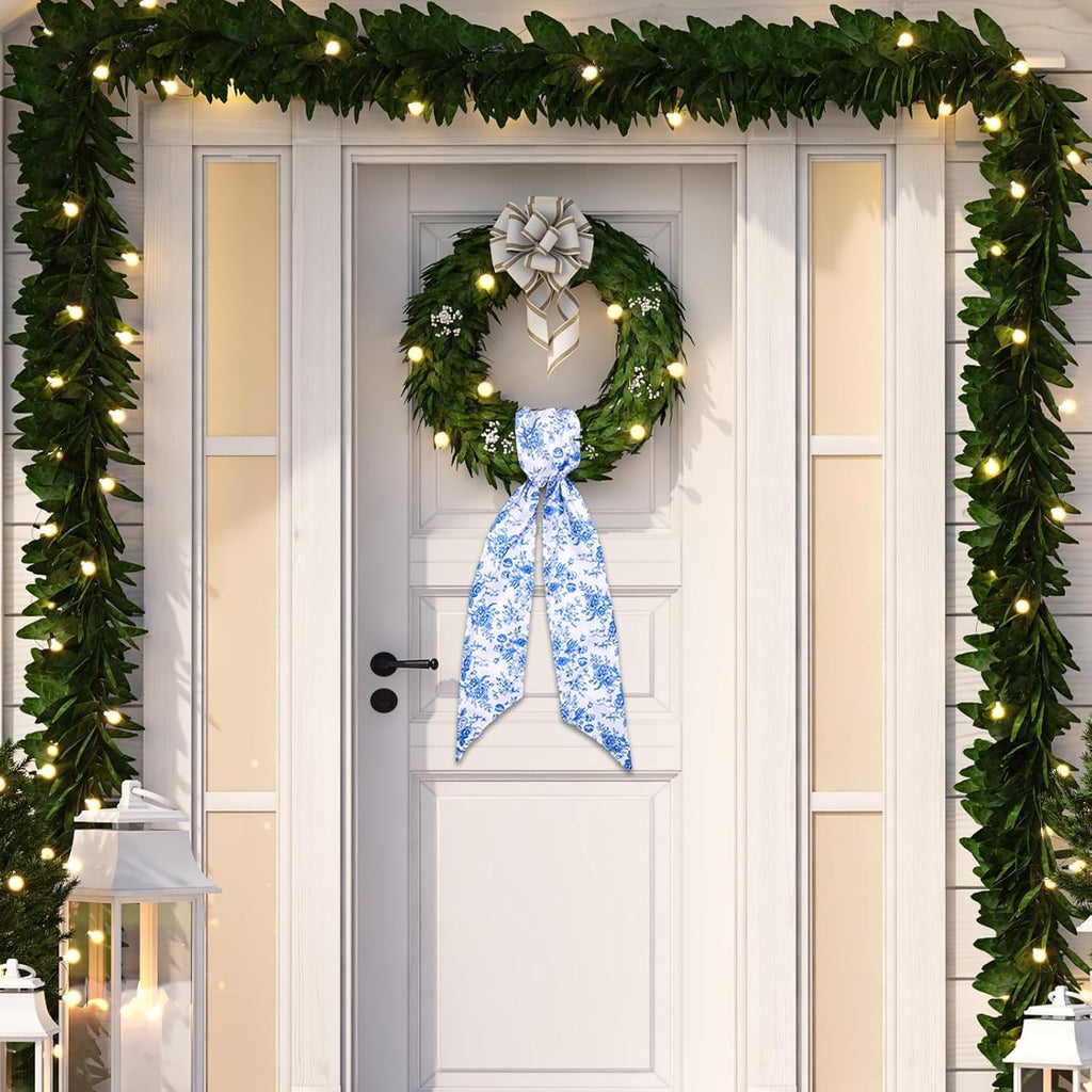 Whaline 2 Pcs Blue Flower Wreath Sash for Front Door Chinoiserie Floral Garland Ribbon for Holiday Party Home Decor Indoor Outdoor