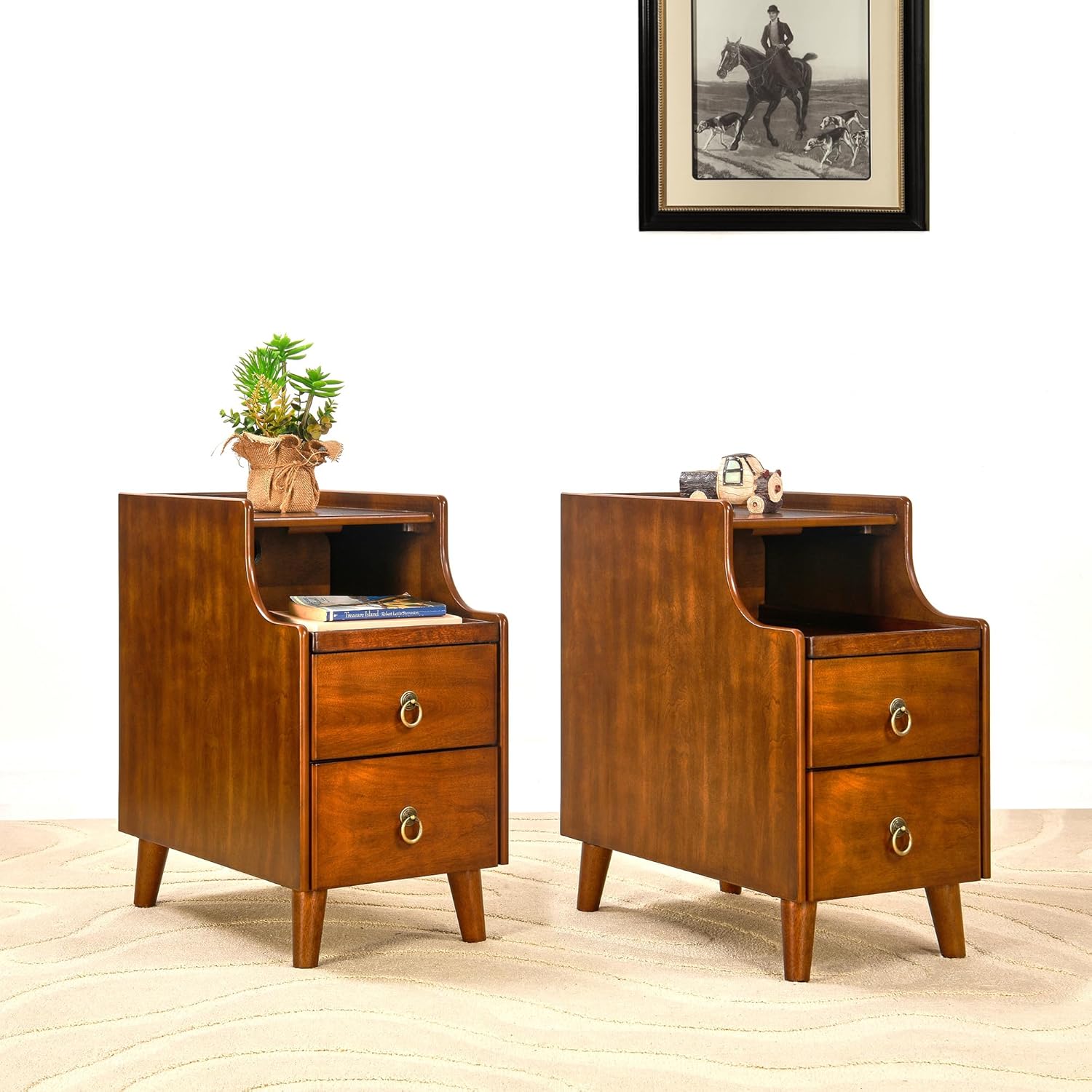 Set of 2 Solid Wood Narrow Nightstand with 2 Drawers, Fully Assembled Skinny Night Stand with Pull-out Tray for Bedroom, Pre-Assembled Vintage Wooden Slim Side Table for Small Space, 21.7x11.8x23in