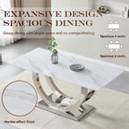 SSLine Modern White Marble Dining Table for 6,Luxury 69" Faux Marble Kitchen Table for 4 6 8, Rectangle Dining Room Table with Silver Stainless Steel U-Shape Base(1 Table Only)