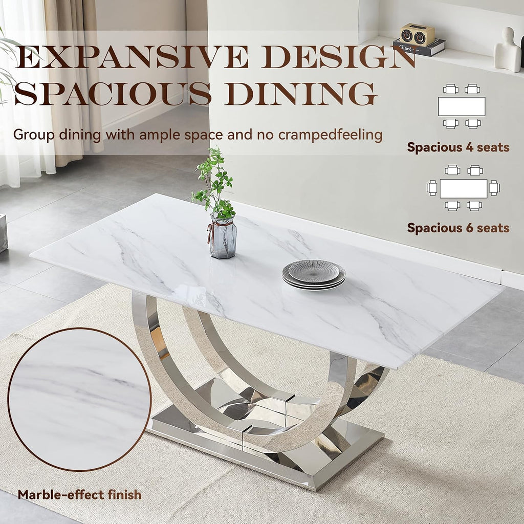 SSLine Modern White Marble Dining Table for 6-8 Rectangle 69.3" Faux Marble Kitchen Table with Silver Stainless Steel Dual U Shape Pedestal Base Luxury Dining Room Table for Home Kitchen