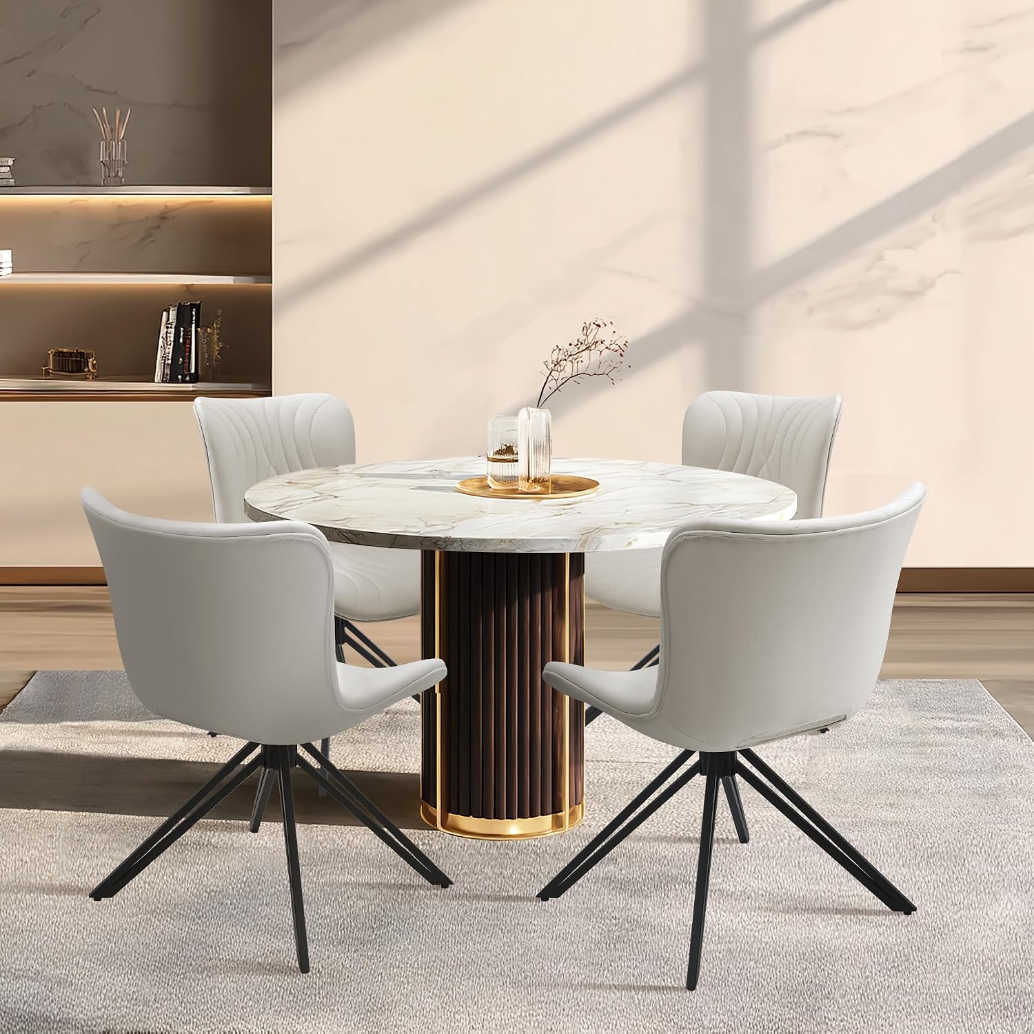 Dining Chairs Set of 2, 360° Swivel Armless Faux Leather Accent Chairs with Padded Back and Metal Legs, Mid-Century Modern Kitchen, Dining Room, Living Room, Bedroom White