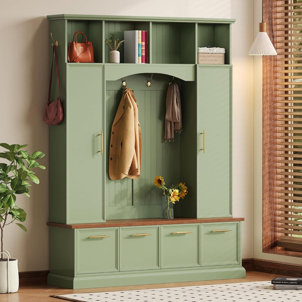 LUMISOL 4-in-1 Hall Tree with Golden Hooks & Handles, Entryway Bench with Adjustable Shelves, 76.7”H Farmhouse Style Coat & Shoe Rack for Mudroom, Green