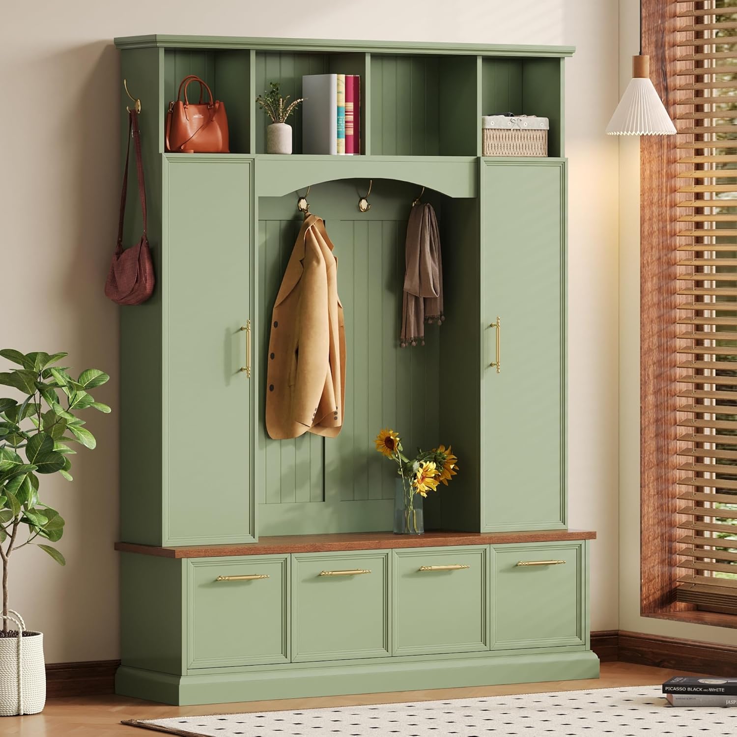 LUMISOL 4-in-1 Hall Tree with Golden Hooks & Handles, Entryway Bench with Adjustable Shelves, 76.7”H Farmhouse Style Coat & Shoe Rack for Mudroom, Green