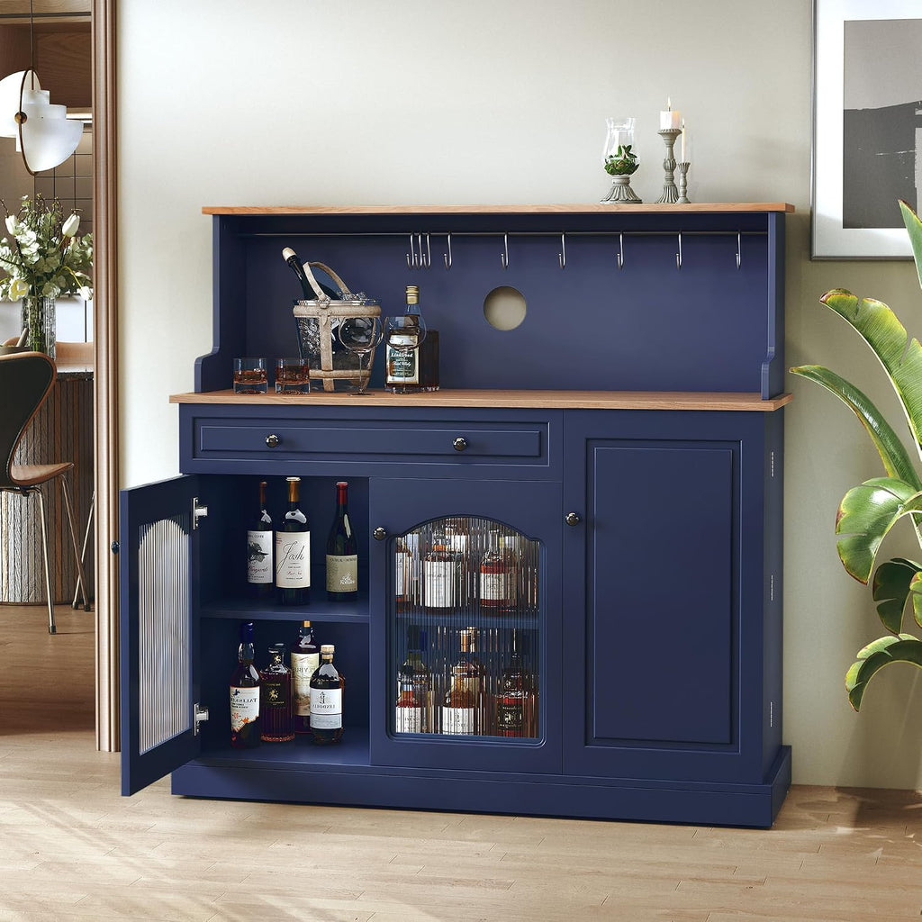 ARTPOWER Farmhosue Coffee Bar Cabinet with Hutch - 48” Modern Buffet Cabinet with Drawer Storage and Glass Doors,Wine Bar Table with Adjustable Shelves for Living Dining Room,Blue