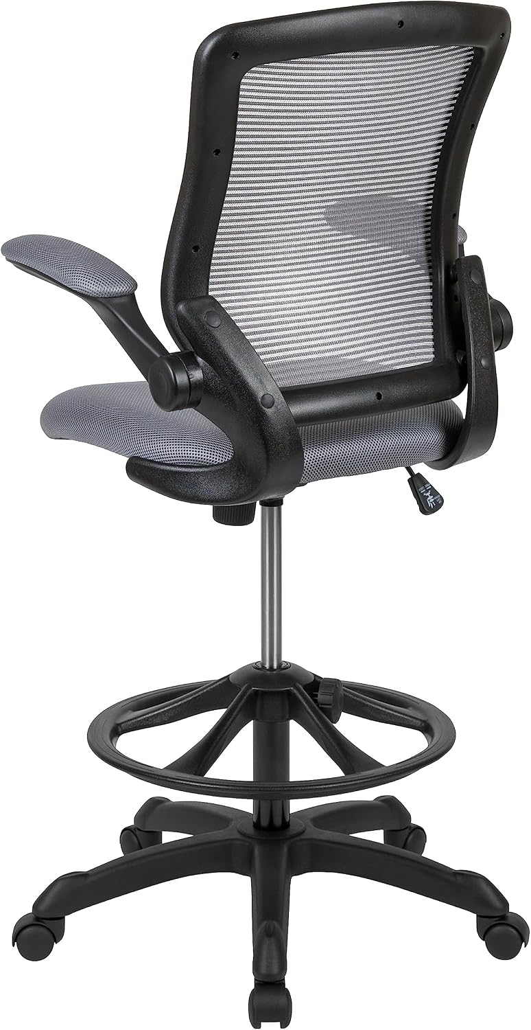 EMMA + OLIVER Mid-Back Dark Gray Mesh Ergonomic Drafting Chair with Foot Ring and Flip-Up Arms