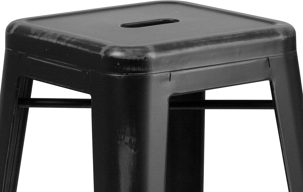 EMMA + OLIVER Commercial Grade 30" H Backless Distressed Black Metal Indoor-Outdoor Barstool