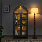 HRVEOCEI White Arched Cabinet with Glass Doors, Tall Arch Kitchen Pantry with 2 Large Drawers & Adjustable Shelves/Golden Handles, Wood Hutch Cabinet for Kitchen,Living Room (White) (Black led)