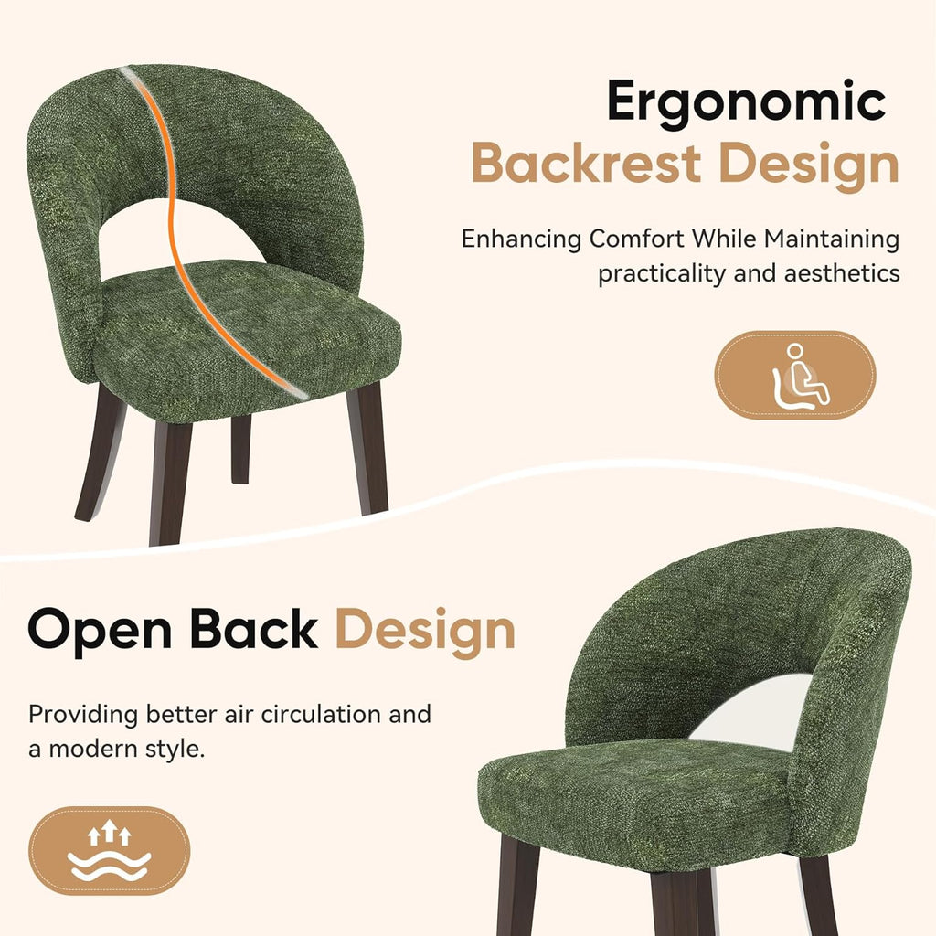 Dining Chairs Set of 2, Mid Century Modern Dining Chairs with Solid Wood Legs, Curved Back Kitchen Chair Farmhouse Side Upholstered Chairs for Kitchen Dining Room, Green