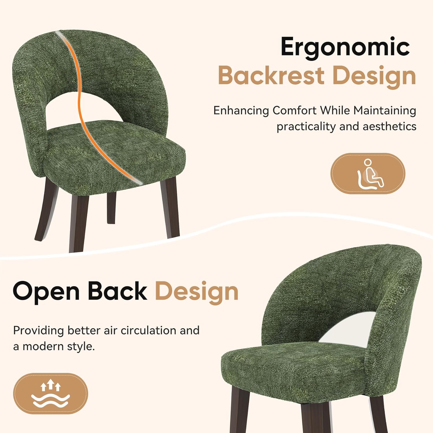 Dining Chairs Set of 2, Mid Century Modern Dining Chairs with Solid Wood Legs, Curved Back Kitchen Chair Farmhouse Side Upholstered Chairs for Kitchen Dining Room, Green
