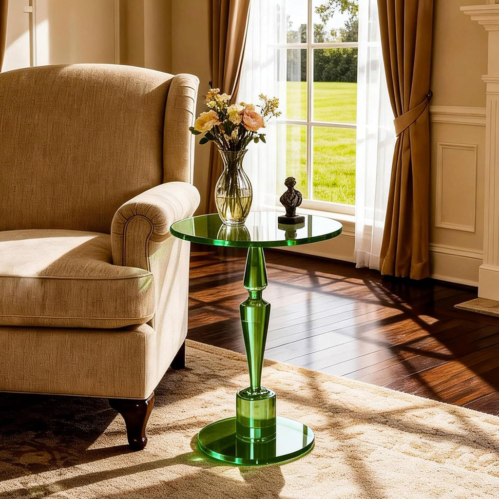 Acrylic Round Side Table, End Table Nightstand Pedestal Table for Living Room, Bedroom, Balcony (Green, 15.7“×15.7”×21.7“)