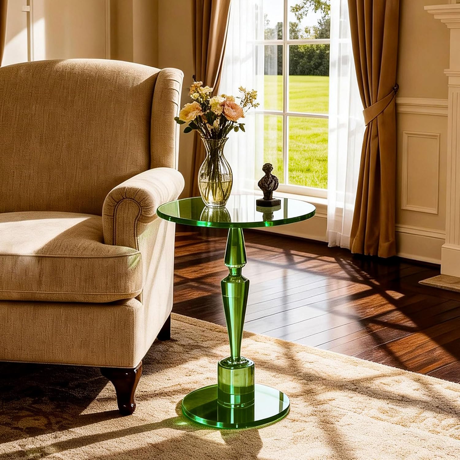 Acrylic Round Side Table, End Table Nightstand Pedestal Table for Living Room, Bedroom, Balcony (Green, 15.7“×15.7”×21.7“)