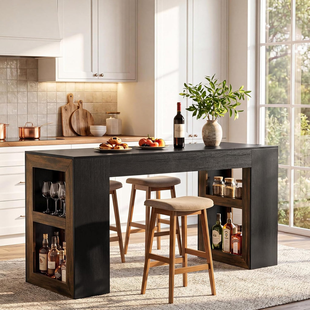 Tribesigns 63" Bar Table, Rectangular Counter Height Pub Table with Storage Shelves, Industrial Home Bar Units for Dining Room, Kitchen, Bistro, Restaurant, Black & Brown