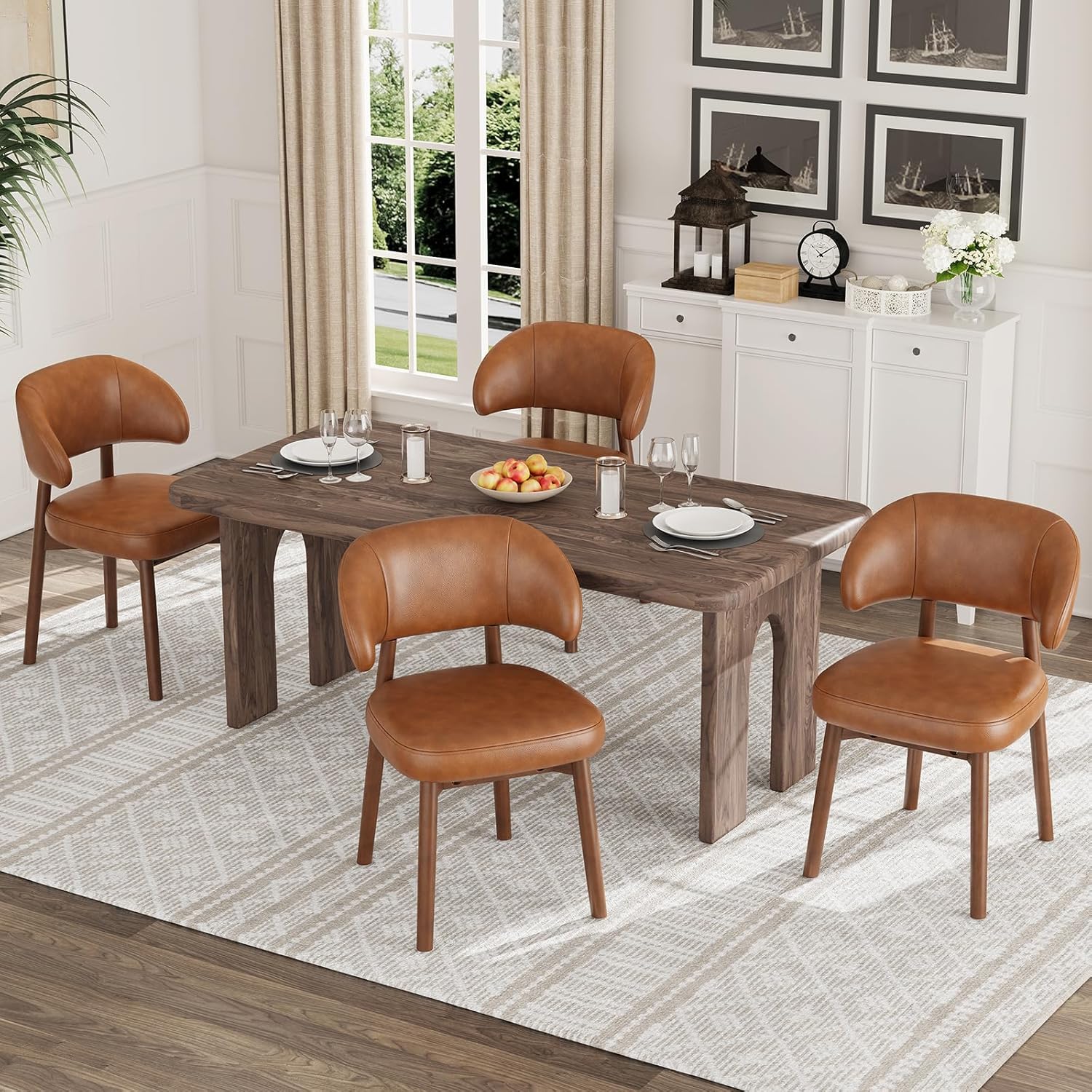 MALOL Wooden Dining Chairs Set of 4, Modern Upholstered Dining Room Chair, PU Leather Kitchen Side Chairs with Curved Open Back for Living Room/Restaurant/Cafe, Brown