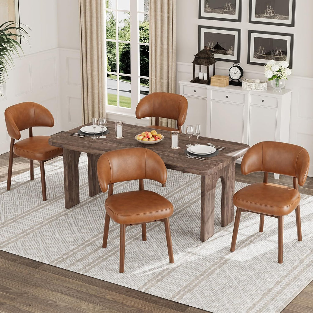 MALOL Wooden Dining Chairs Set of 4, Modern Upholstered Dining Room Chair, PU Leather Kitchen Side Chairs with Curved Open Back for Living Room/Restaurant/Cafe, Brown