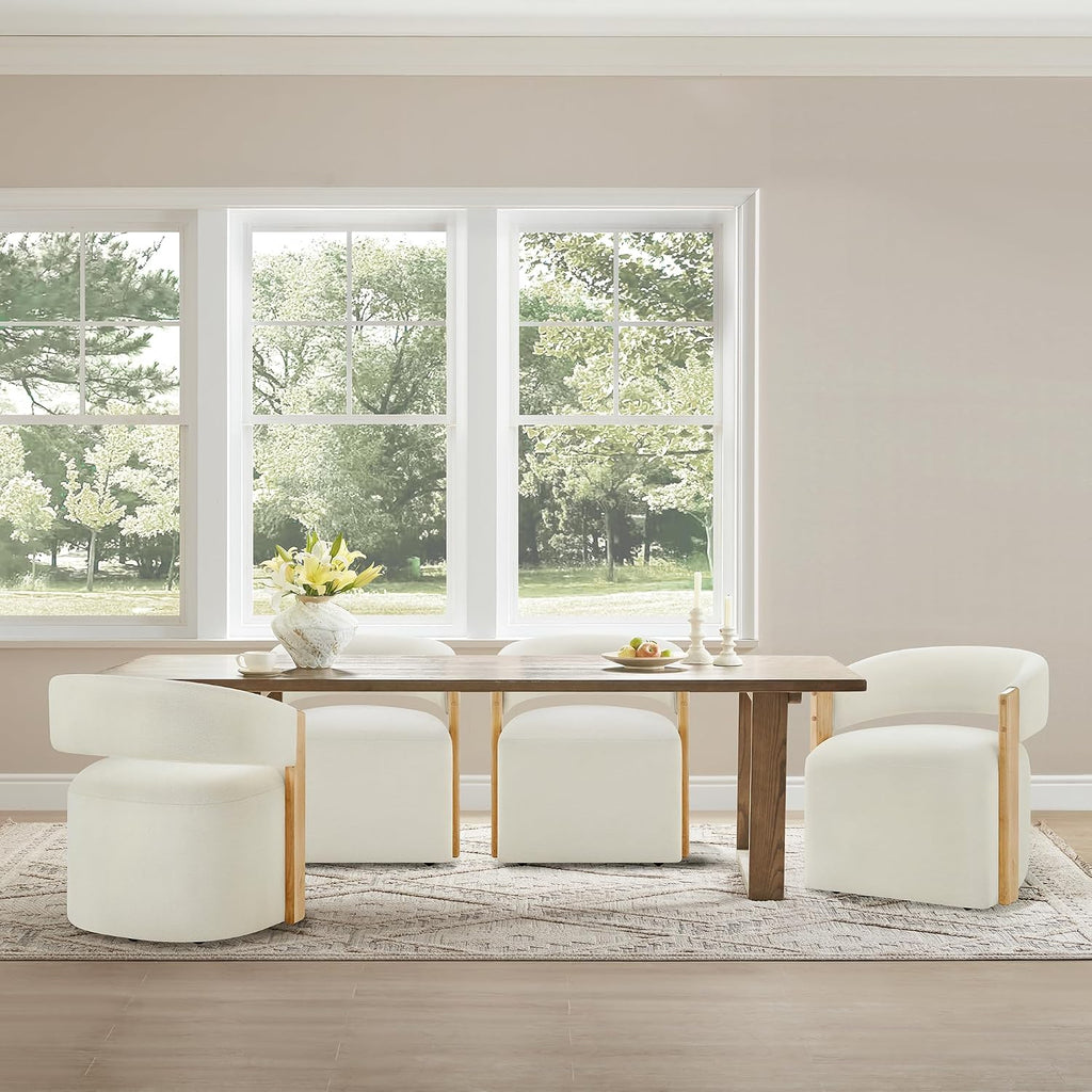 KISLOT Upholstered Dining Chairs Set of 4, Barrel Modern Dining Room Chairs with Casters, Kitchen Side Wooden Armchair with Fabric Cushion Seat for Bedroom, Livingroom, Reading Room, Beige, 4 Boxs