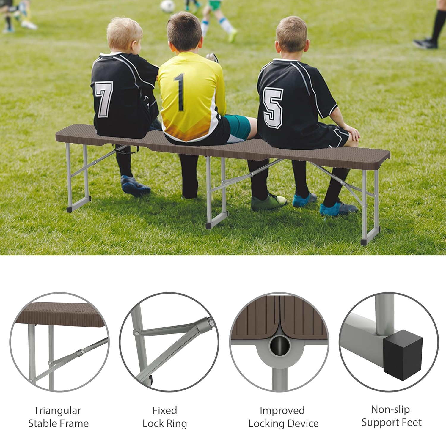 6ft Plastic Folding Bench with Carrying Handle & Lock, Portable Outdoor Bench in Garden Picnic Camping Dining Party Seat, Waterproof Bench for Soccer Activities, Ratten Patterned(2 Pack)