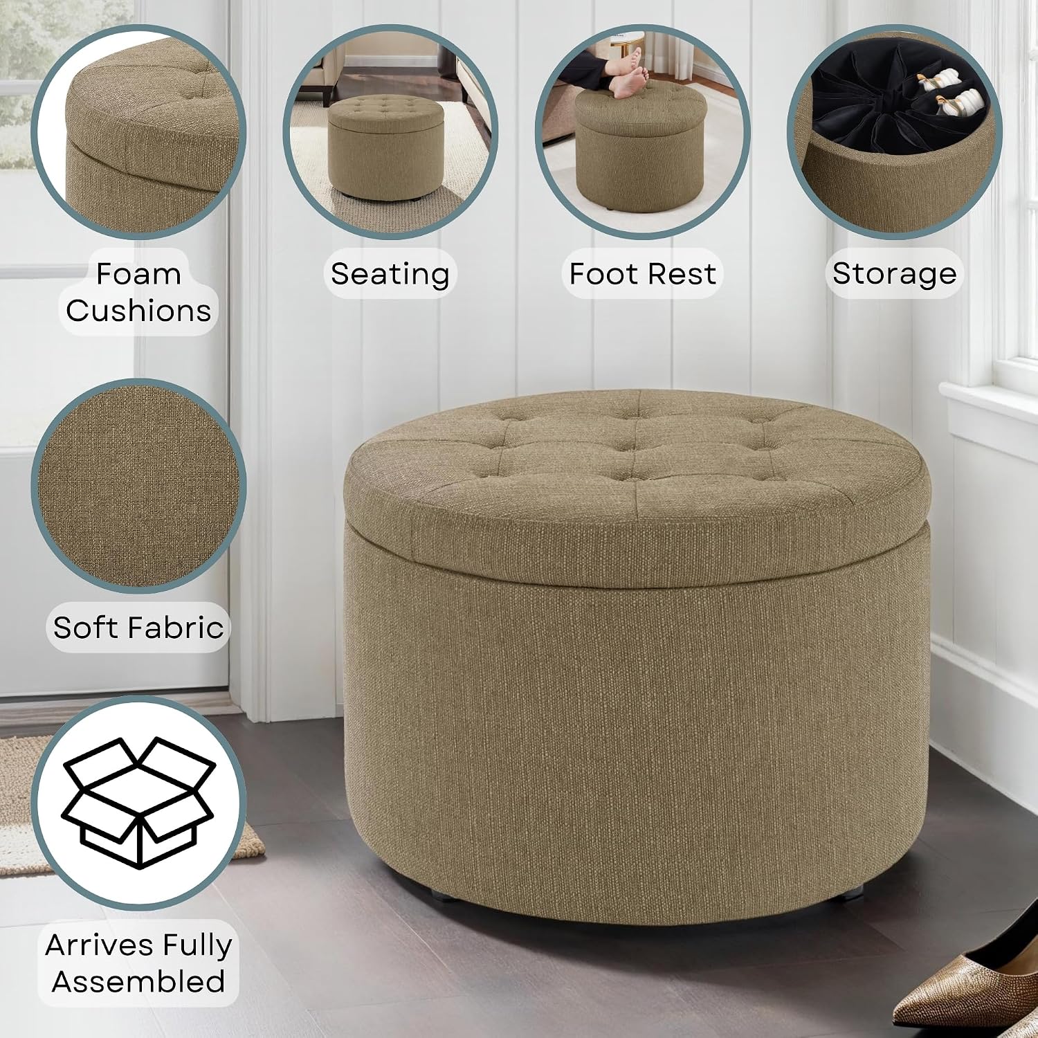 Convenience Concepts Designs4Comfort Round Shoe Ottoman 22" - Upholstered Footstool, Small Table, & Seat with Storage Compartment for Living Room, Entryway, Bedroom, Sandstone Fabric