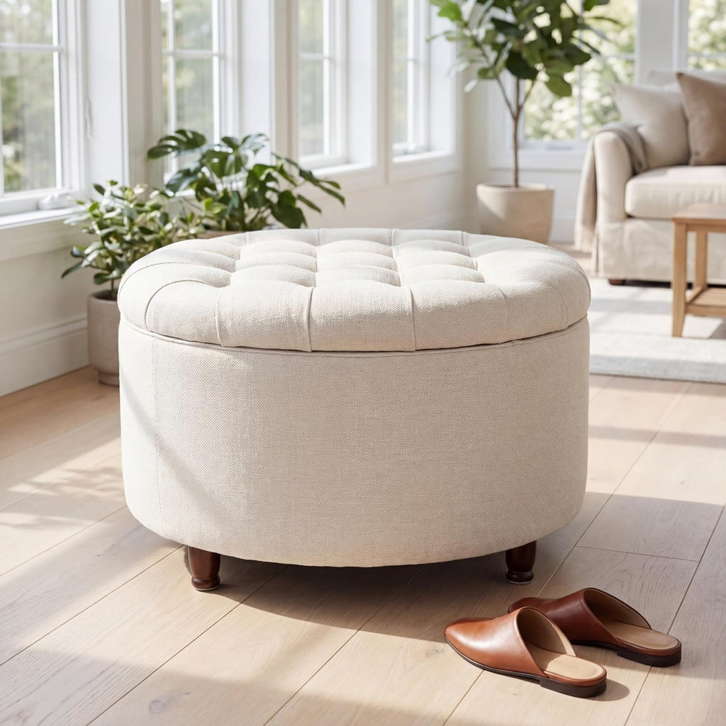 28" Round Ottoman, Modern Ottoman with Storage, Tufted Upholstered Footstool with Wooden Legs, Round Coffee Table w/Removable-Top, Chenille Footrest for Living Room, Bedroom, Apartment, White
