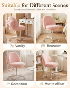 COMHOMA Vanity Chair with Wheels Velvet Tall Office Chair with Back,Armless Desk Chair Comfy Height Adjustable, Soft Lumbar Support for Girls Bedroom Home Vanity Bow Pillow for Gift Pink