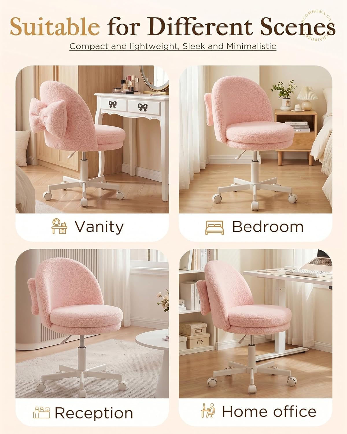 COMHOMA Vanity Chair with Wheels Velvet Tall Office Chair with Back,Armless Desk Chair Comfy Height Adjustable, Soft Lumbar Support for Girls Bedroom Home Vanity Bow Pillow for Gift Pink