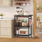 Microwave Kitchen Cart with Push Handle, 3 Tier Rolling Cart with 2 Lockable Wheels, Vintage Kitchen Storage Cart with 210Lbs Capacity for Kitchen Island, Restaurant, Coffee Bar, Living Room, Office