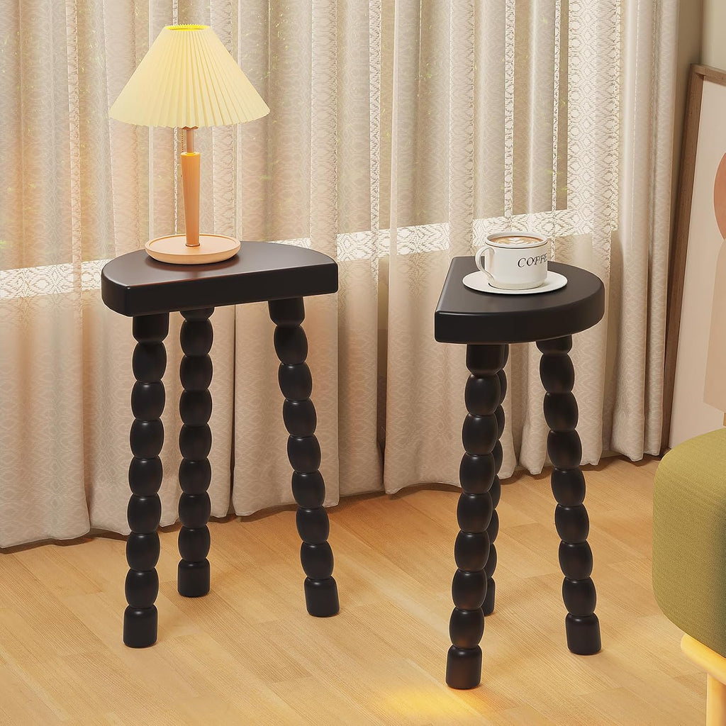 LitaEther Wooden Bobbin Side Table - Plant Stand - Half Round Table - Wooden Accent Stool- Minimalist Decorative Table for Bedroom, Hallway, Living Room (2, Black)