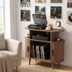 35" Record Player Stand with Storage and Shelves, Vinyl Record Cabinet with Power Outlets, Mid-Century Modern Record Table，Storage Furniture for Living Room and Bedroom,Walnut