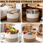 Large Woven Blanket Basket,65L Cotton Rope Laundry Basket Hamper with Handles, Decorative Nursery Basket Storage Bin for Toys, Clothes Organizer, Living Room, Bedroom, Bathroom, White & Brown