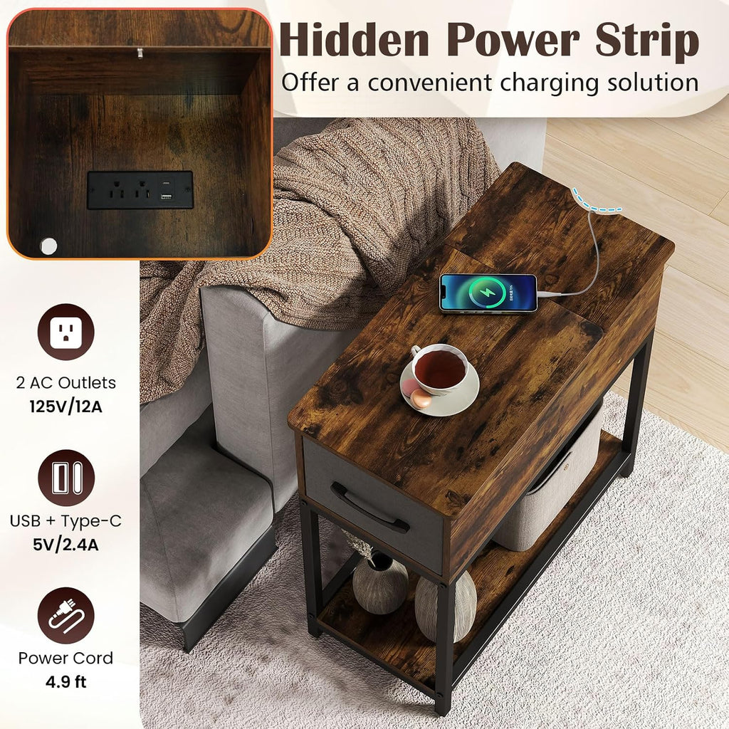 GOFLAME LED End Table with Hidden Charging Station, Narrow Compact Sofa Side Table with Storage Shelf & Fabric Drawer, Industrial Nightstand for Living Room, Bedroom, Rustic Brown (1)