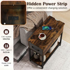 GOFLAME LED End Table with Hidden Charging Station, Narrow Compact Sofa Side Table with Storage Shelf & Fabric Drawer, Industrial Nightstand for Living Room, Bedroom, Rustic Brown (1)