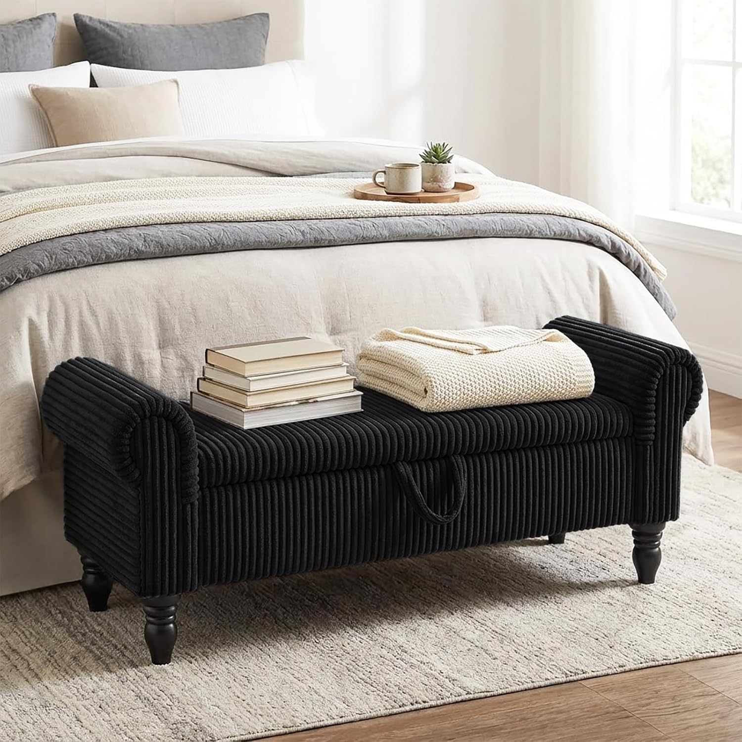 Storage Bedroom Bench for End of Bed, Storage Ottoman with Rolled Arms for Bedroom, Living Room, Entryway (Black)