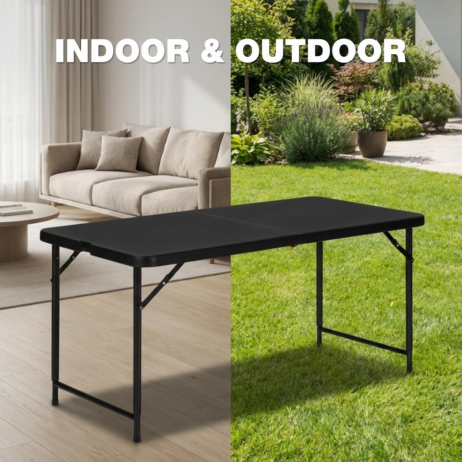 4ft Folding Table with Adjustable Height, 3-Level Foldable Table with HDPE Top & Steel Legs, Portable 4 Foot Folding Table for Picnic, Party, Craft, Indoor Outdoor Use, Black
