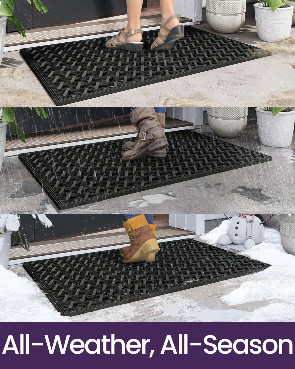 DEXI Front Door Mat Outside Entrance Rubber 24x36, Welcome Floor Doormat Heavy Duty Non Slip, Dirt Trapper Waterproof Exterior Entry Mats All Weather for Patio Entryway Drainage, Black