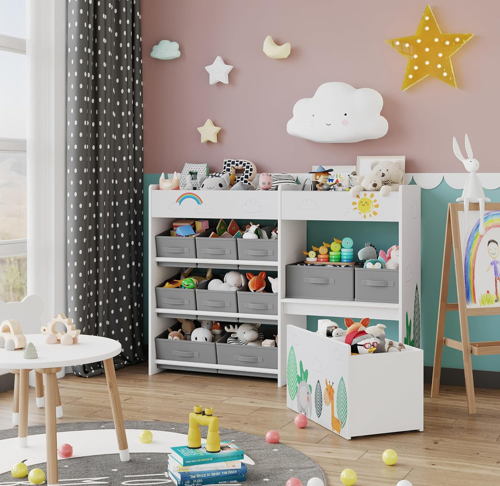 BOTLOG Kids Bookshelf with Fabric Bins and Movable Toy Chest, Toy Storage Organizer for Kids, Toddler Montessori Bookshelf for Nursery, Playroom, Kindergarten