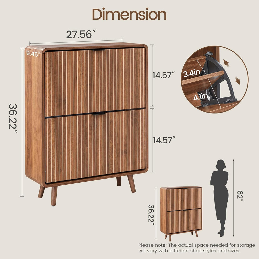 FurSch Fluted Shoe Storage Cabinet with 2 Flip Drawers, Narrow Shoe Rack Cabinet Organizer with Adjustable & Removable Shelves for Entryway (All Walnut, 2 Drawers)