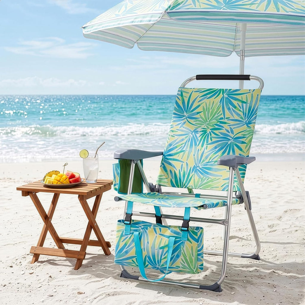 Portable Beach Chair for Adults, Lightweight Folding Lawn Chair with Cup Holder, Headrest, Side Pocket and Bottom Storage Bag, Camping Gear for Picnic Patio Sporting Events, 260 lbs, Green & Blue