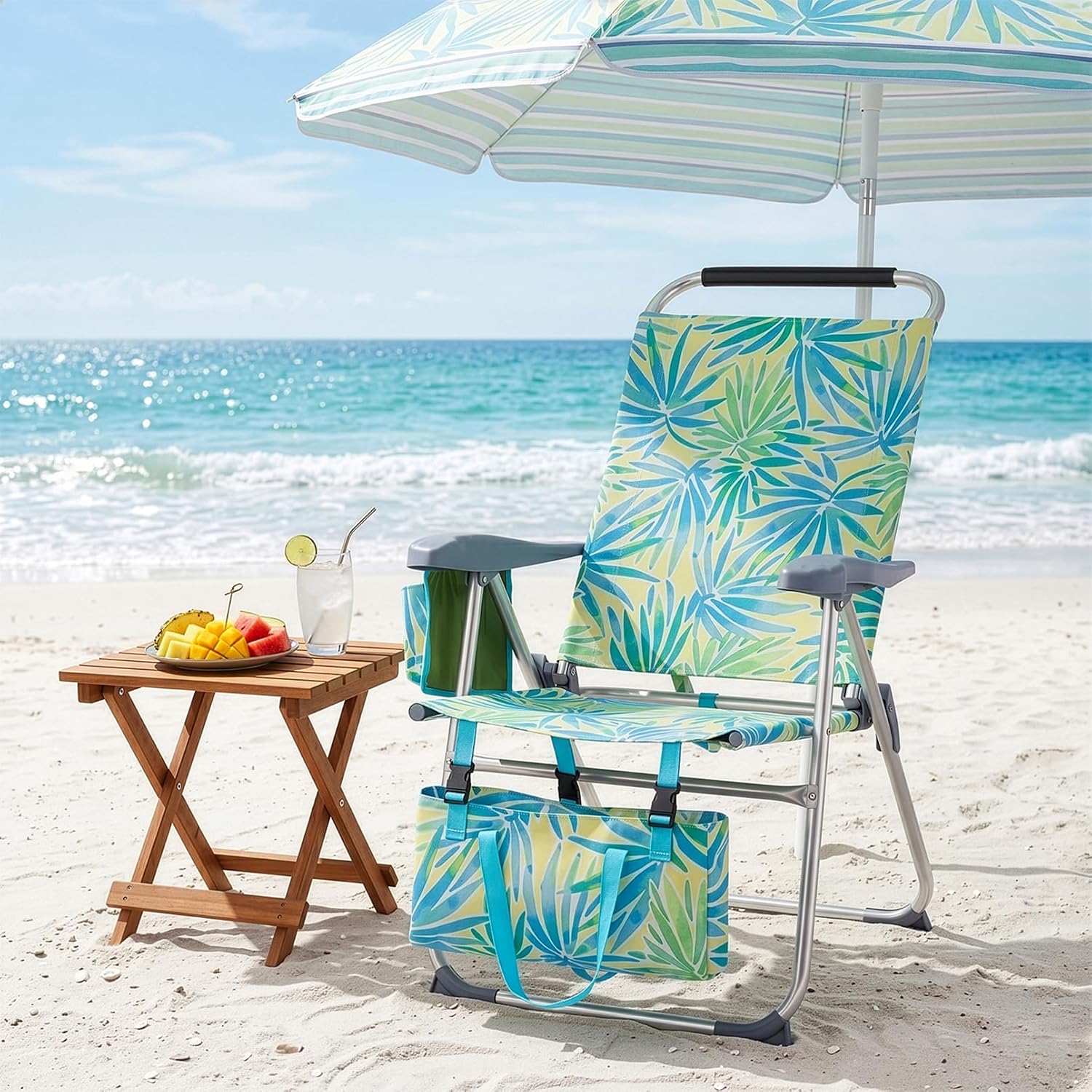 Portable Beach Chair for Adults, Lightweight Folding Lawn Chair with Cup Holder, Headrest, Side Pocket and Bottom Storage Bag, Camping Gear for Picnic Patio Sporting Events, 260 lbs, Green & Blue