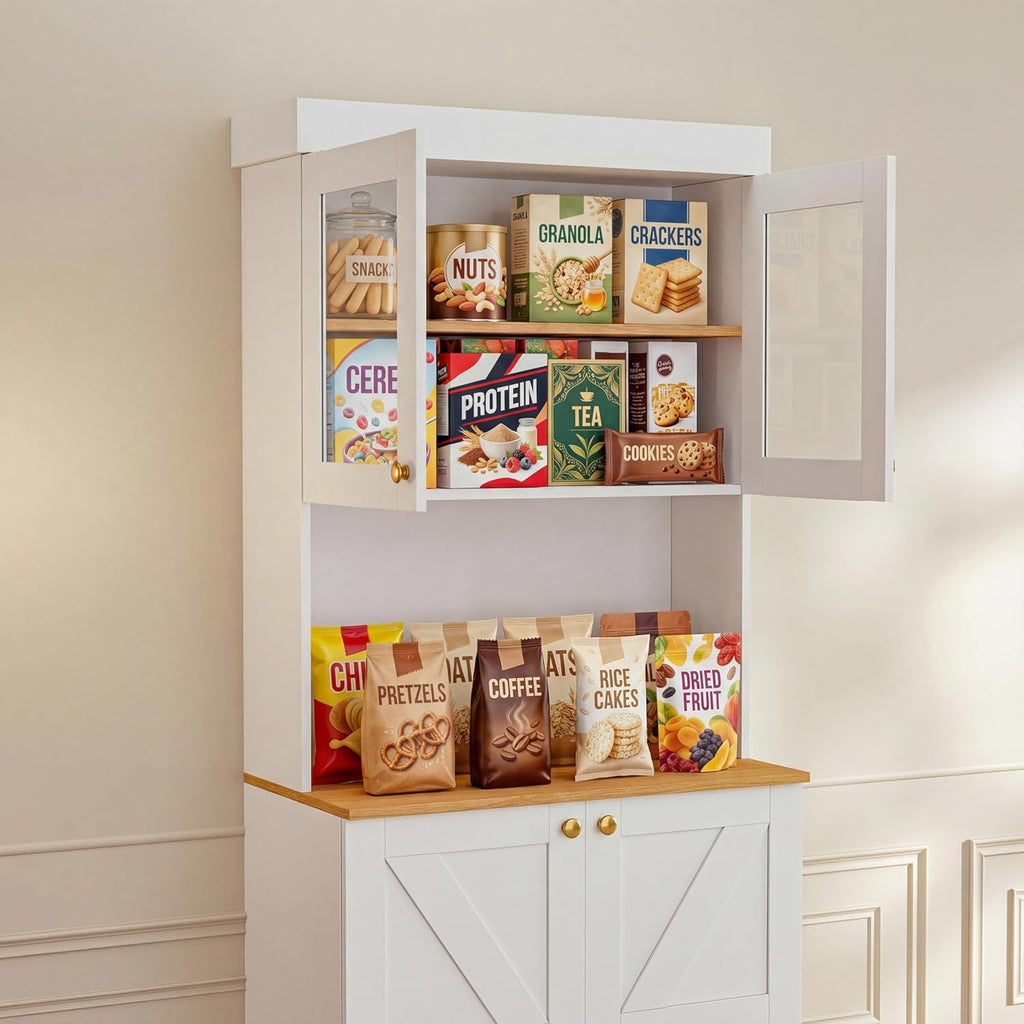 71" White Farmhouse Kitchen Pantry Cabinet Set of 4— Freestanding Coffee Bar with Glass Doors or Drawers, Microwave Stand, Large Storage Hutch with Adjustable Shelves for Kitchen, Living Room