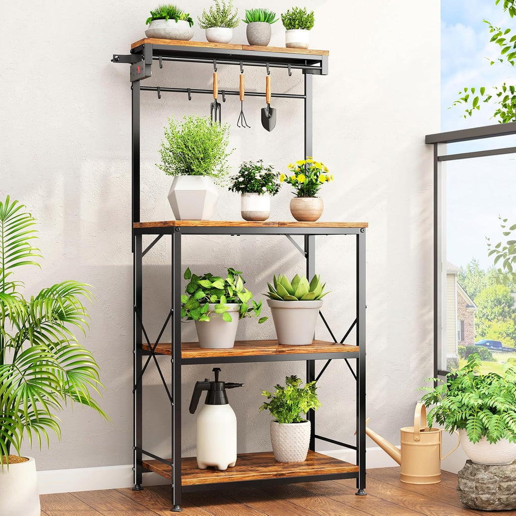 SNTD Bakers Rack with Power Outlet, Kitchen Shelves Microwave Stand with Wire Grid and 10 Hooks, 4 Tiers Coffee Stand (Rustic Brown, 21.7 x 14.2 x 49.6 Inches)