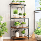 SNTD Bakers Rack with Power Outlet, Kitchen Shelves Microwave Stand with Wire Grid and 10 Hooks, 4 Tiers Coffee Stand (Rustic Brown, 21.7 x 14.2 x 49.6 Inches)