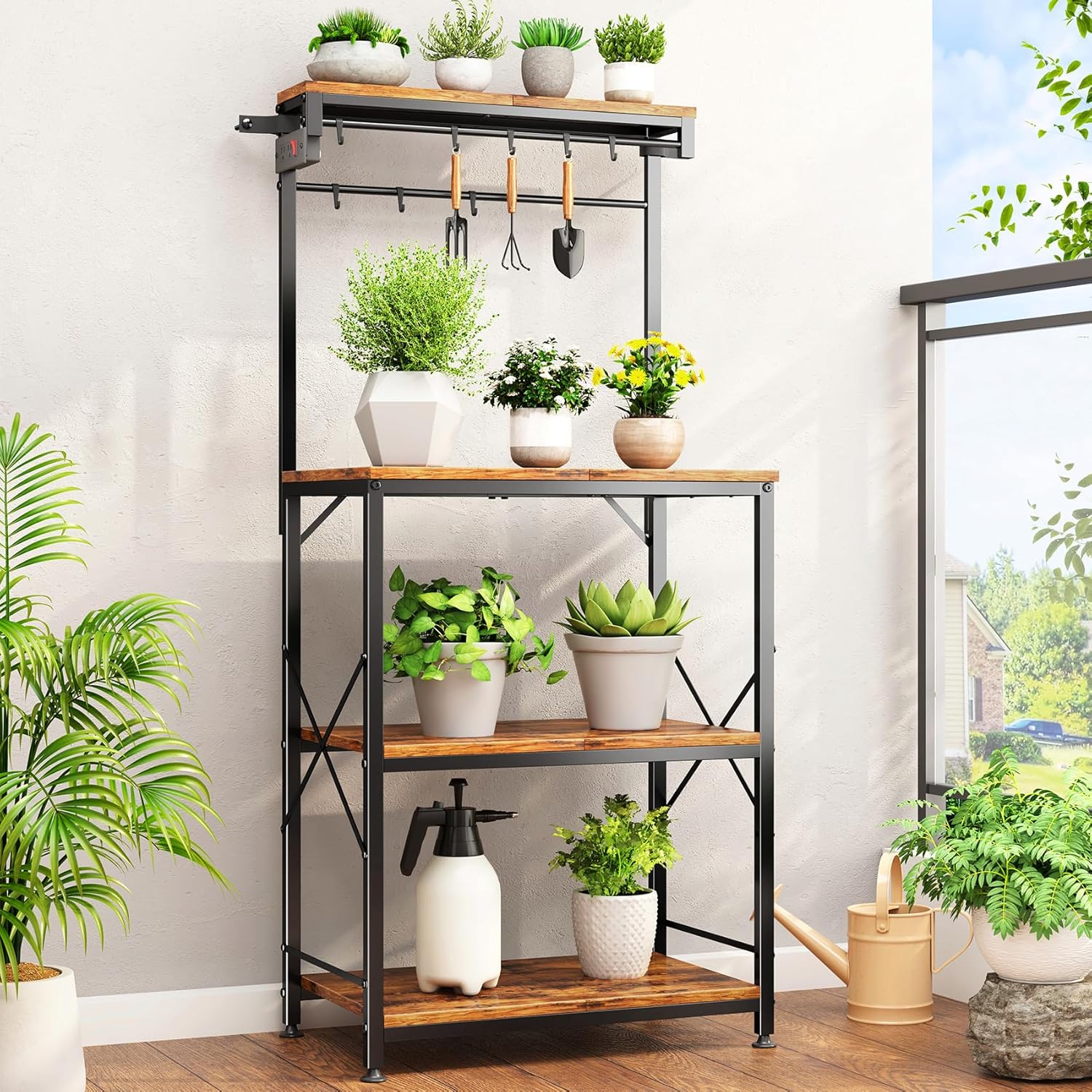 SNTD Bakers Rack with Power Outlet, Kitchen Shelves Microwave Stand with Wire Grid and 10 Hooks, 4 Tiers Coffee Stand (Rustic Brown, 21.7 x 14.2 x 49.6 Inches)
