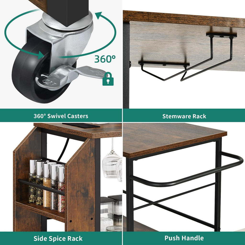YITAHOME Kitchen Island Cart with Power Outlet, 36 Inch Mobile Kitchen Cart with Open Shelves, Rolling Portable Serving Utility Carts on Wheels with Storage for Kitchen, Dining Room, Brown