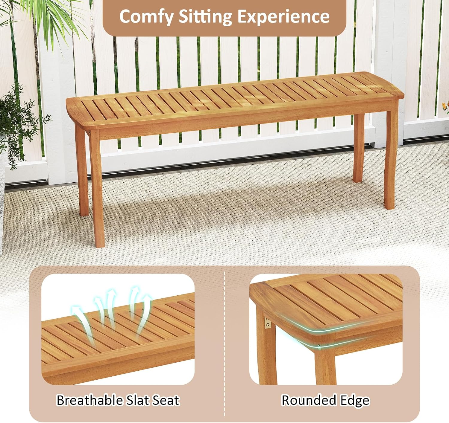 Tangkula Acacia Wood Outdoor Bench, 47" 2-Person Patio Dining Bench with Slatted Seat, Backless Wooden Entryway Bench, Farmhouse Indoor Outdoor Bench for Garden, Poolside, Deck & Park (2,Natural)