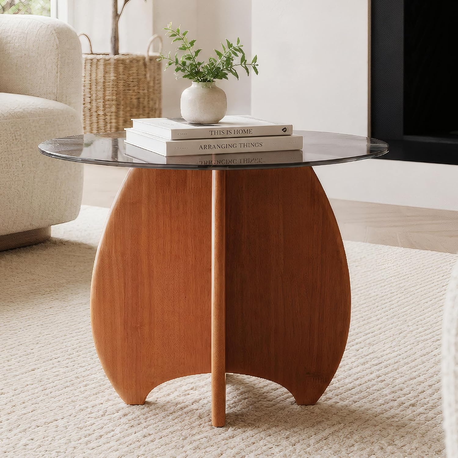 Modern Round Side Table for Living Room, 19.7" Glass Top End Table | Coffee Table with Walnut Rubber Wood Sculptural Petal Base for Living Room Sofa Corner Bedroom